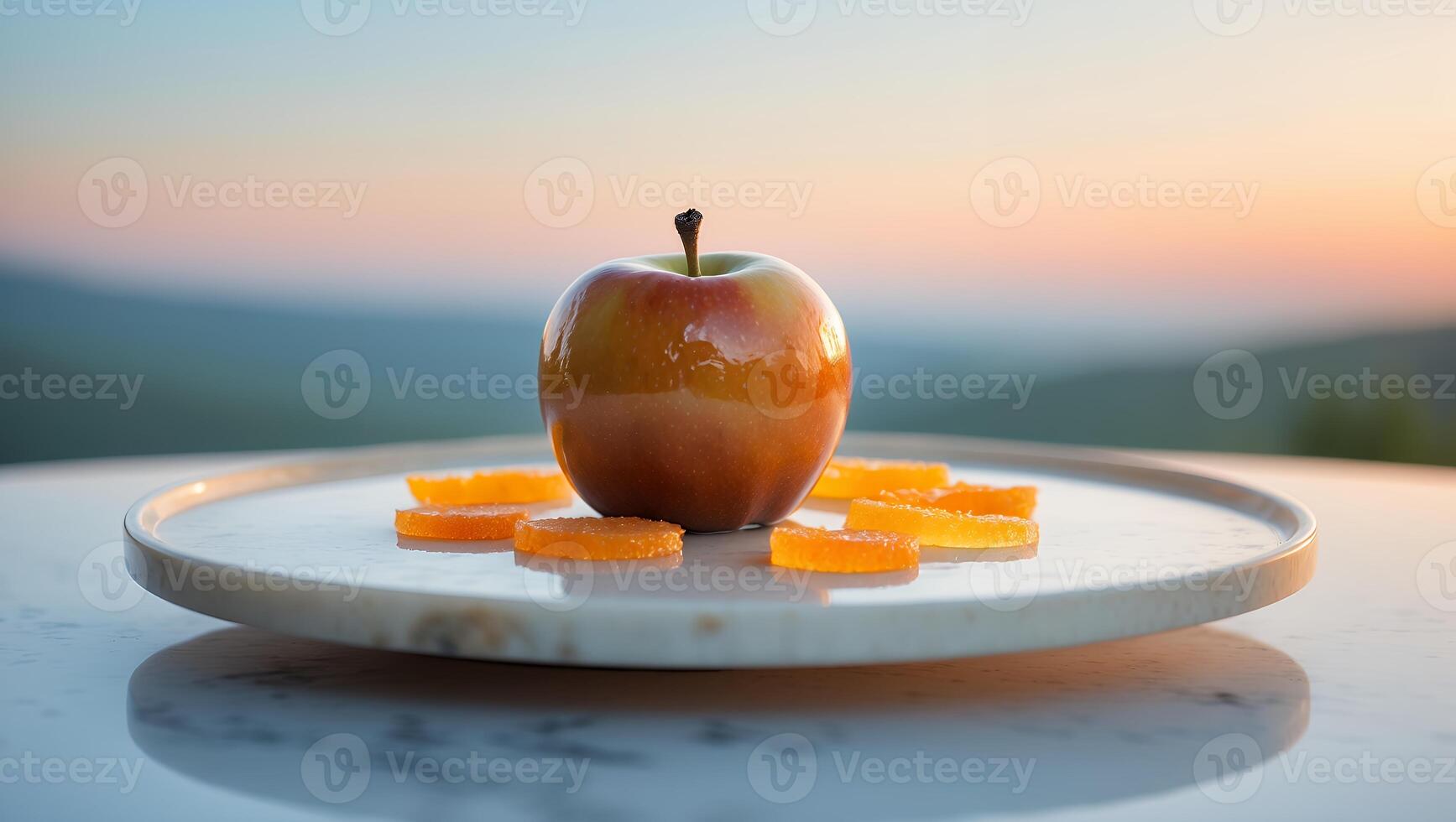 Delicious Red Apple with Orange Slices on Plate During Sunset photo