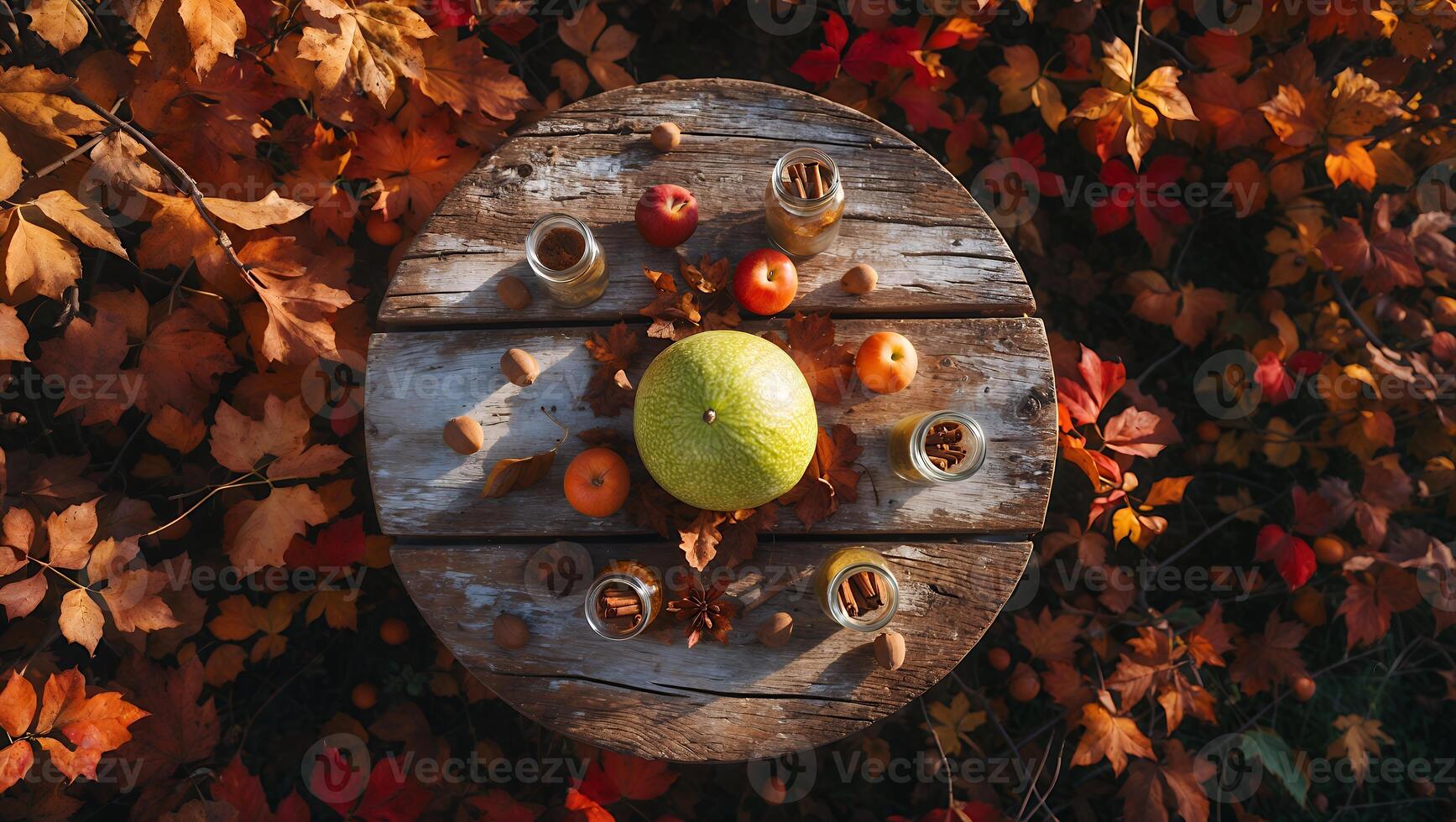 Autumn Harvest Still Life with Melon and Spices on Wood photo
