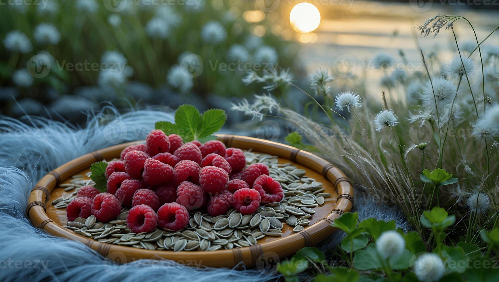 Raspberries and Seeds on Tray with Natural Setting and Sunset photo