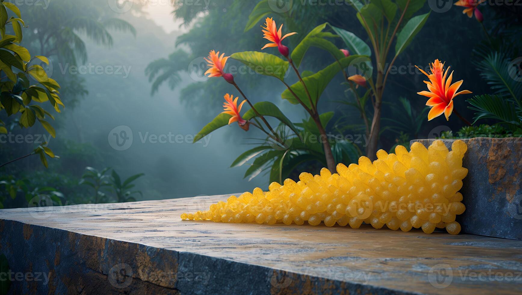 Abstract Yellow Conical Shape Displayed on Stone Surface in Tropical Setting photo