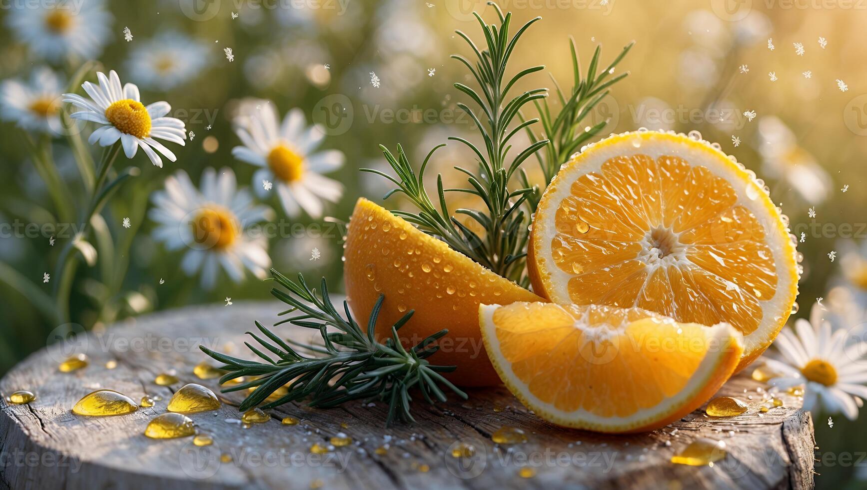 Orange Slices with Rosemary Sprigs on Wooden Surface in Garden Setting photo