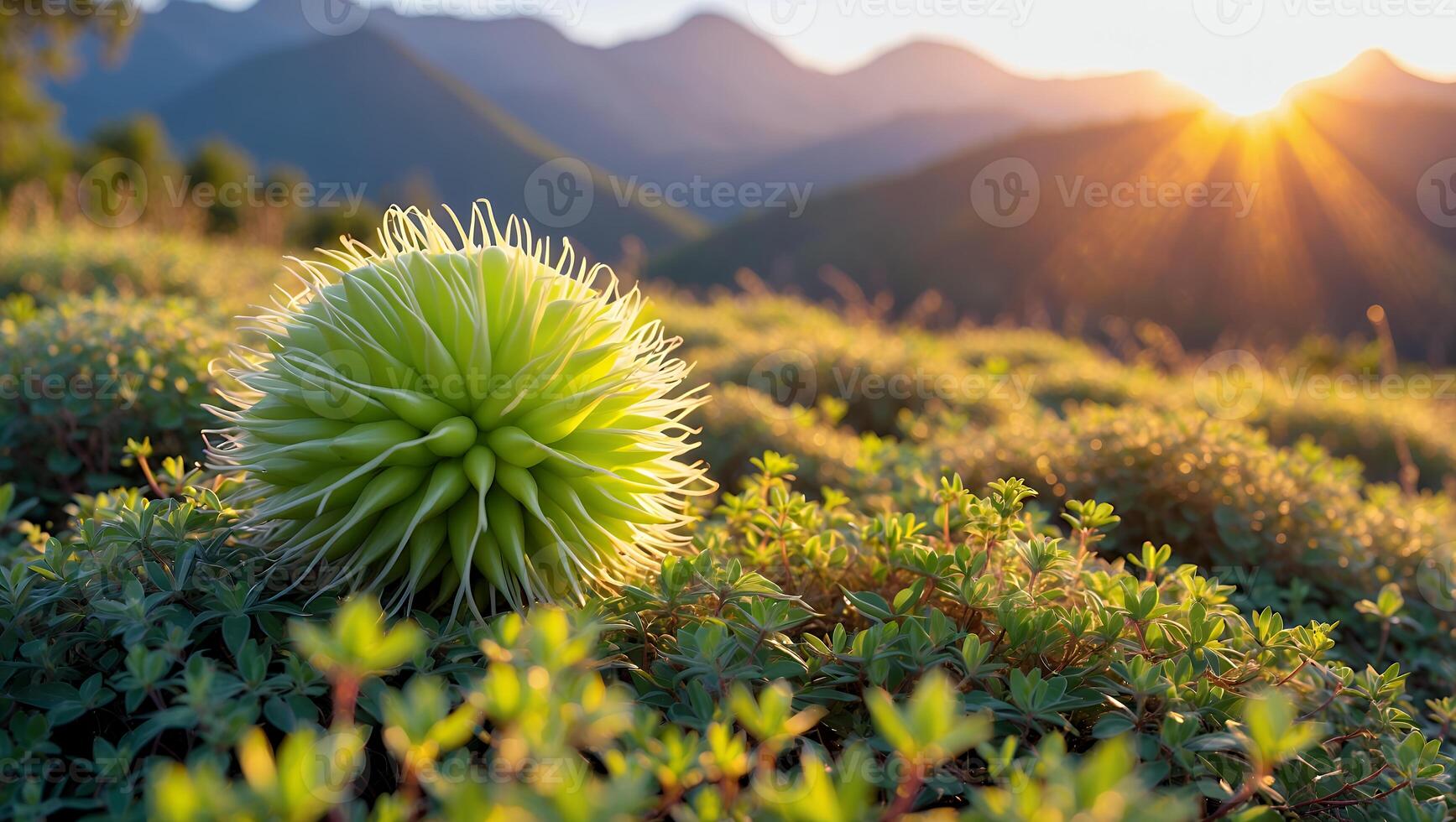 Green Flower Growing in Field with Mountains and Sunburst at Dusk photo