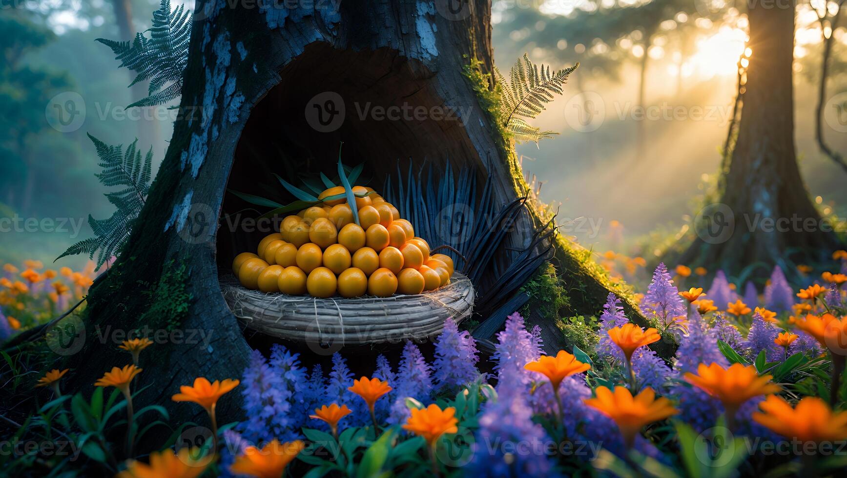 Oranges in Nest Resting Inside Tree Hollow in Forest Glade photo