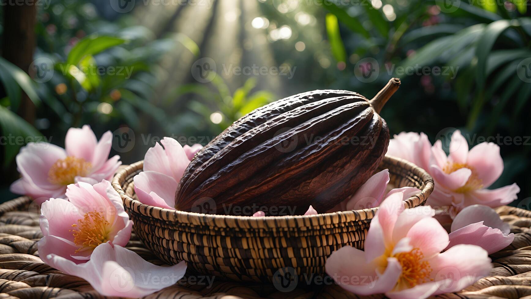 Cacao Pod Nestled Among Flowers in Woven Basket with Sunlight photo