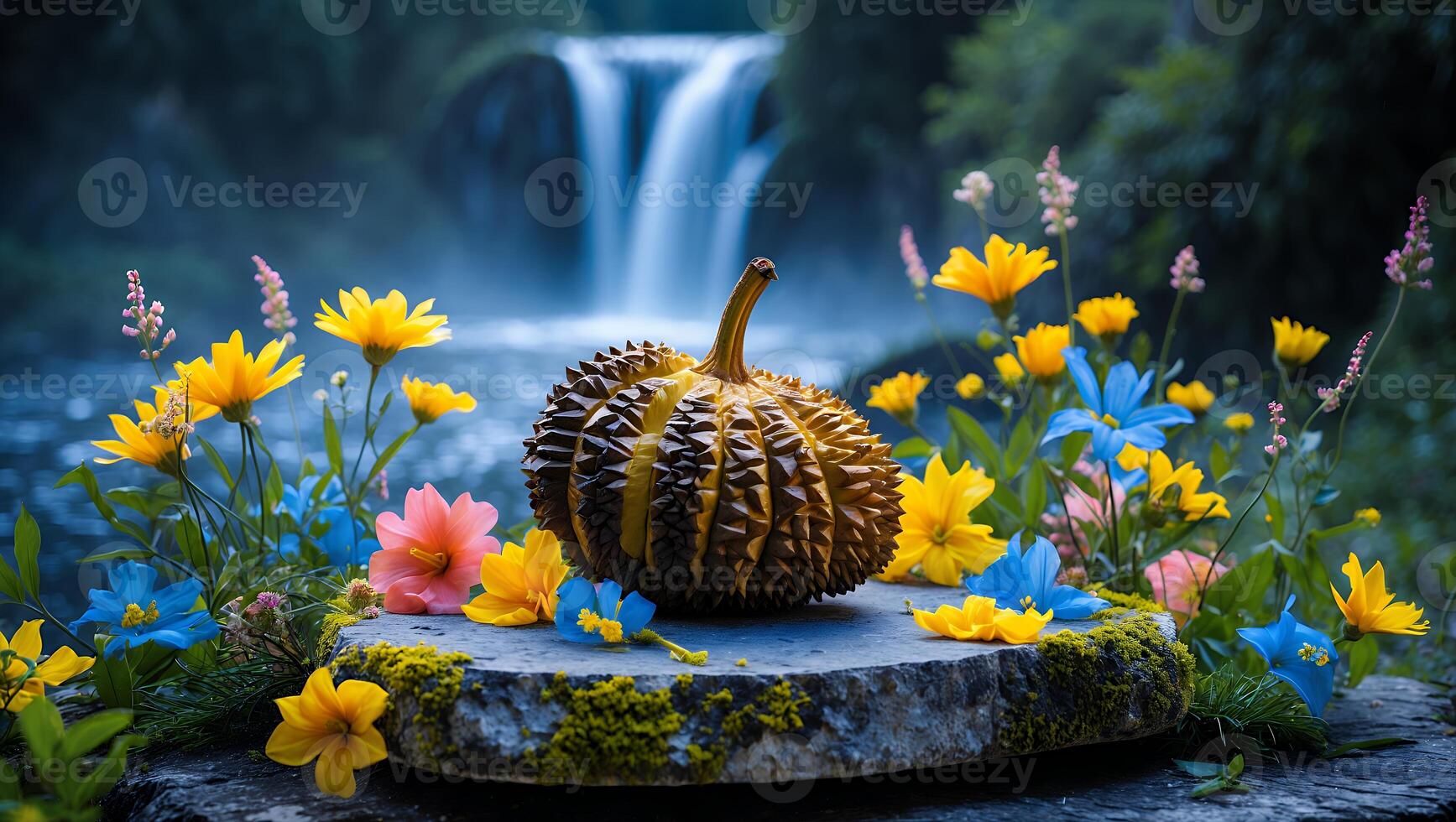 Spiky Gourd on Stone with Flowers and Waterfall Backdrop photo