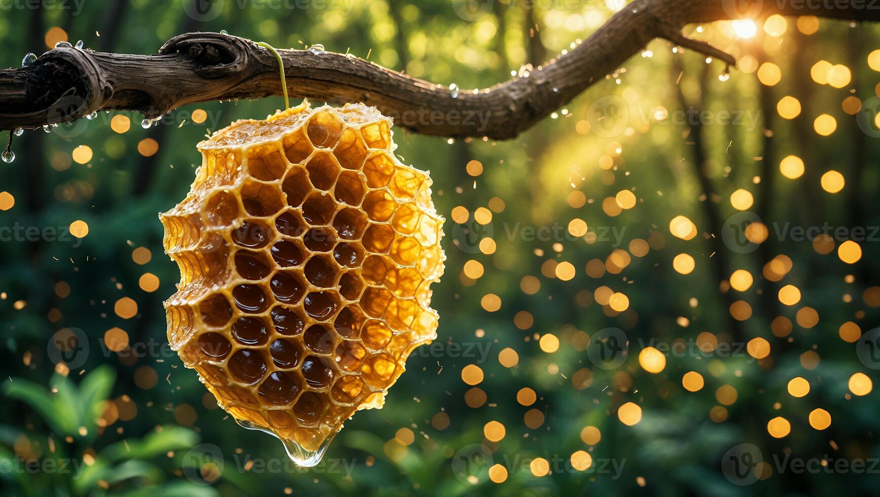Honeycomb Hanging From Branch in Forest with Bokeh Lighting Effect photo