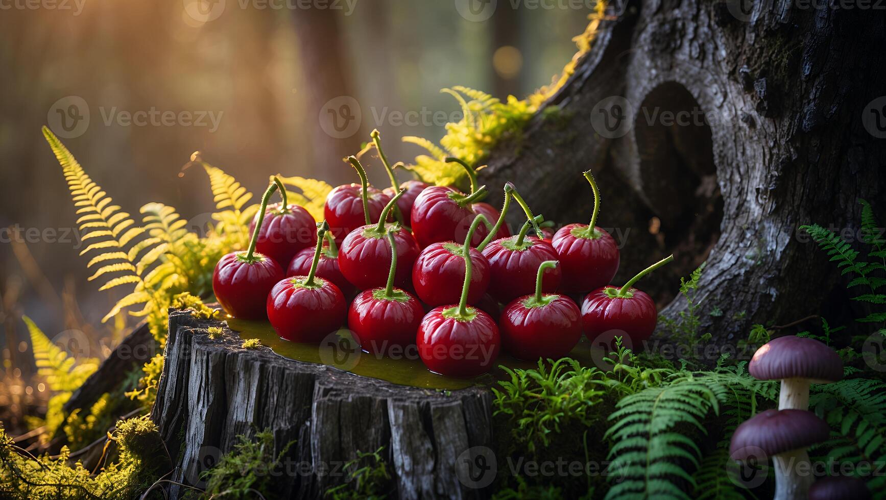 Red Round Fruits on Tree Stump in Forest with Ferns photo