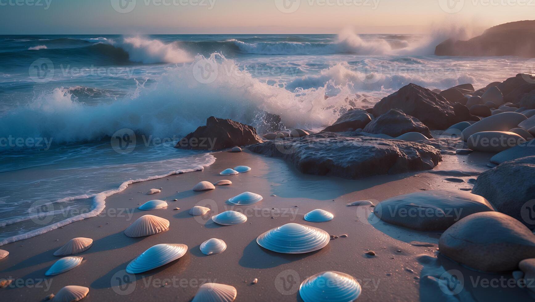 Seashells on Beach with Waves and Rocks photo
