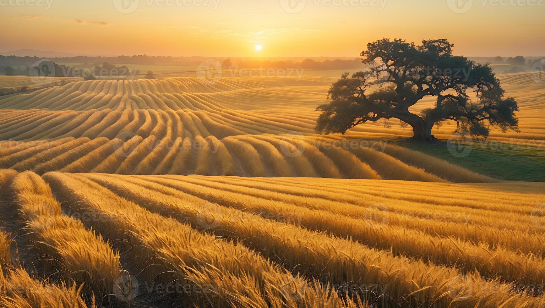 Wheat Field at Sunset with Tree Landscape photo