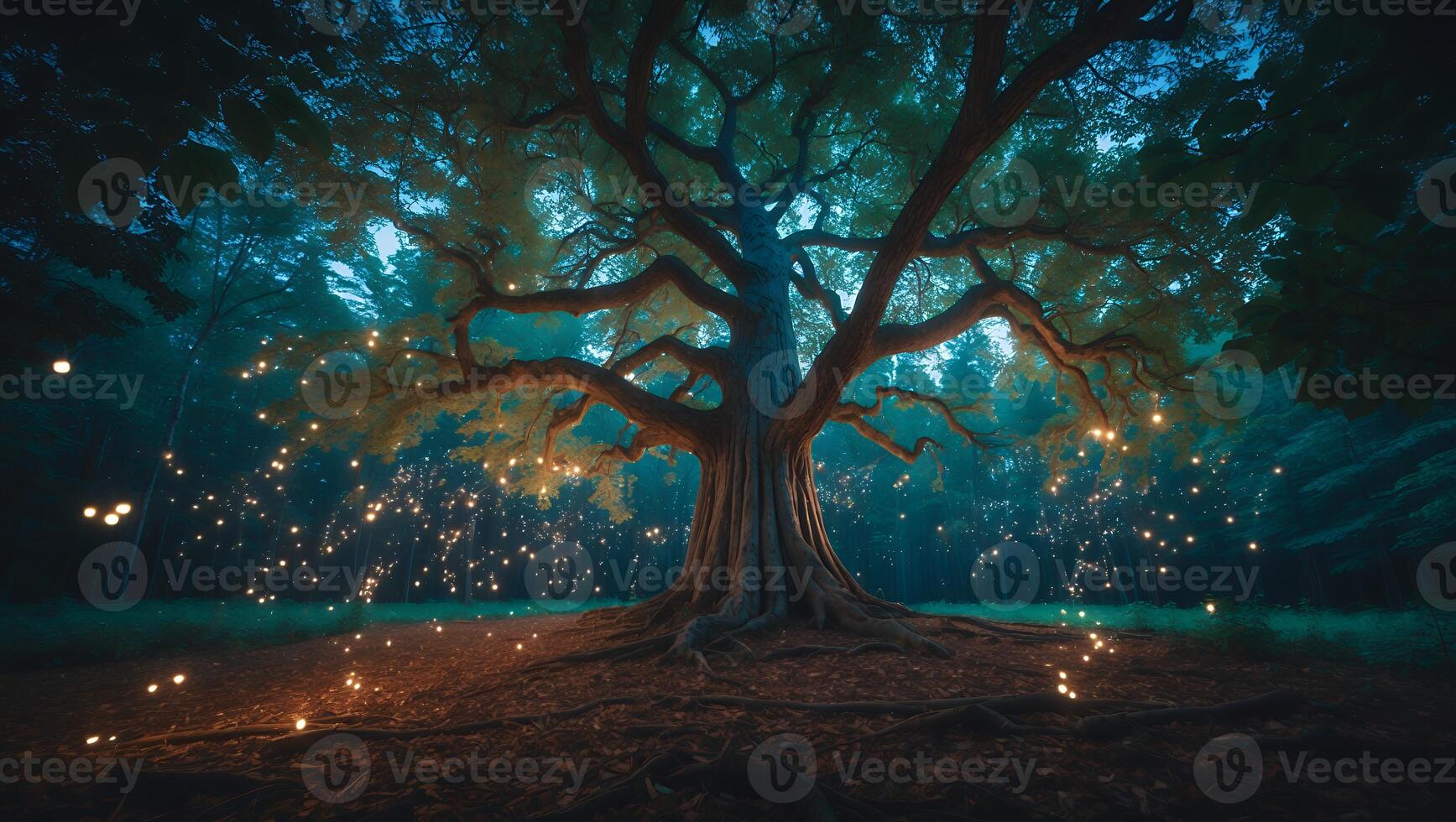 Majestic Tree with Magical Lights in a Dark Forest photo