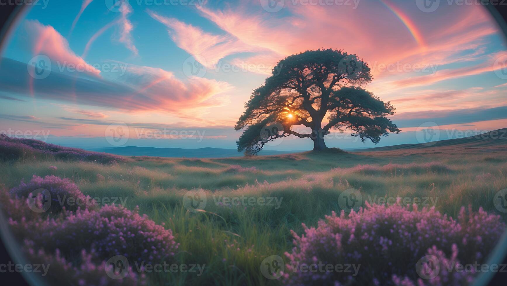 Landscape with Tree Silhouette Sunset Field Flower and Rainbow photo