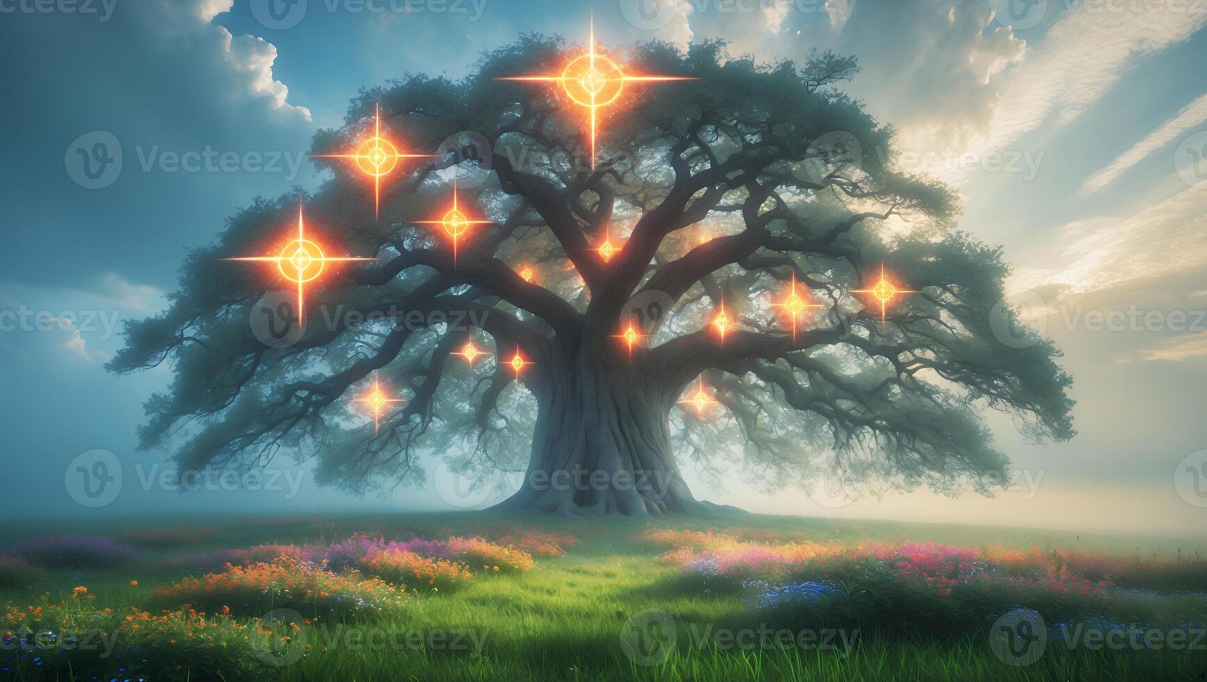 Magical Tree with Glowing Orbs in a Dreamy Landscape photo