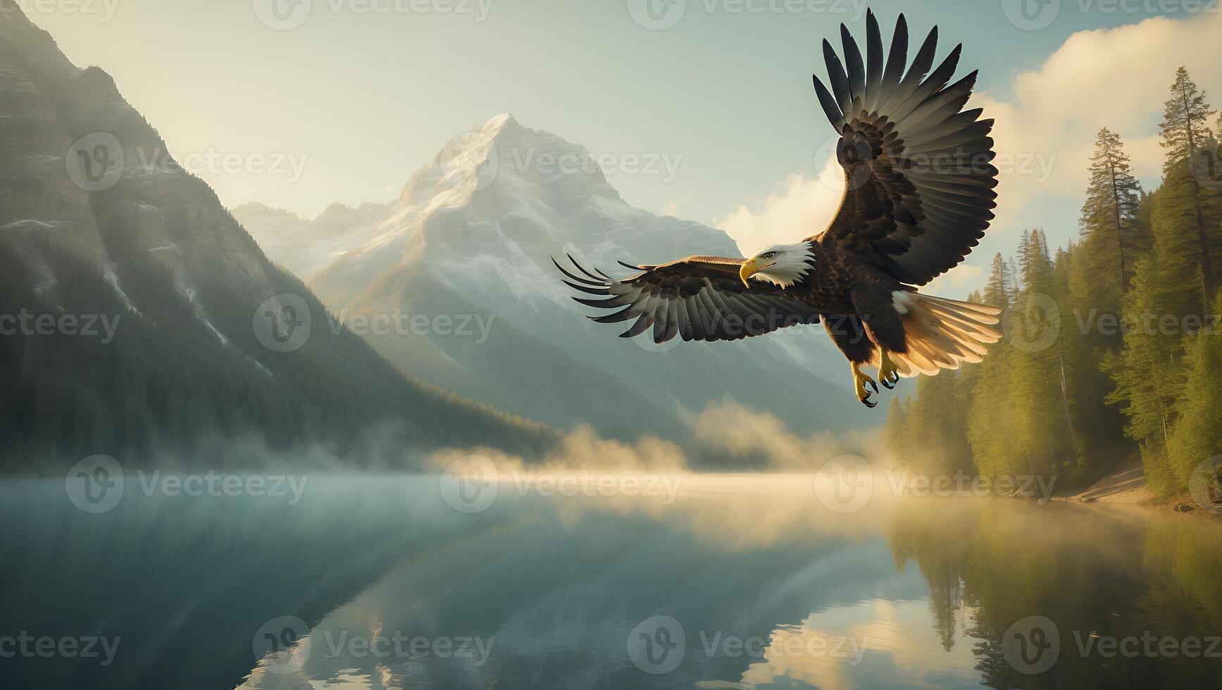 Eagle Flying Over Misty Lake with Mountain Backdrop photo