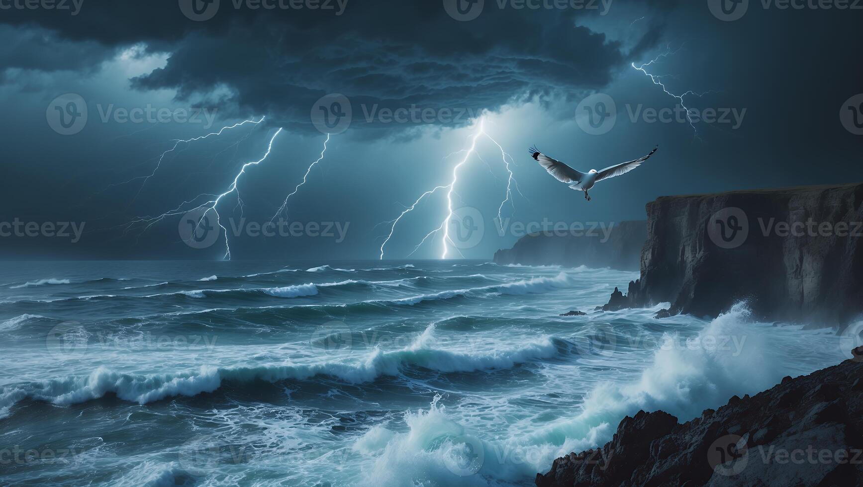 Seascape with Lightning and Seagull photo
