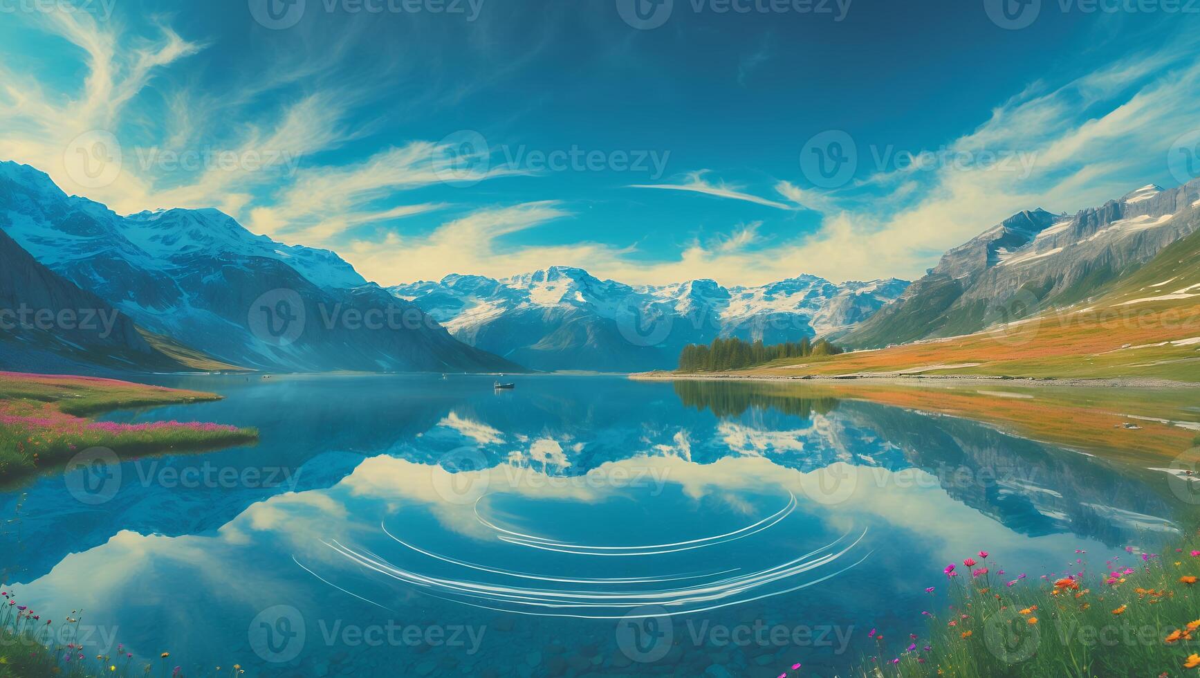 Mountain Lake Reflection with Flower Field Landscape photo