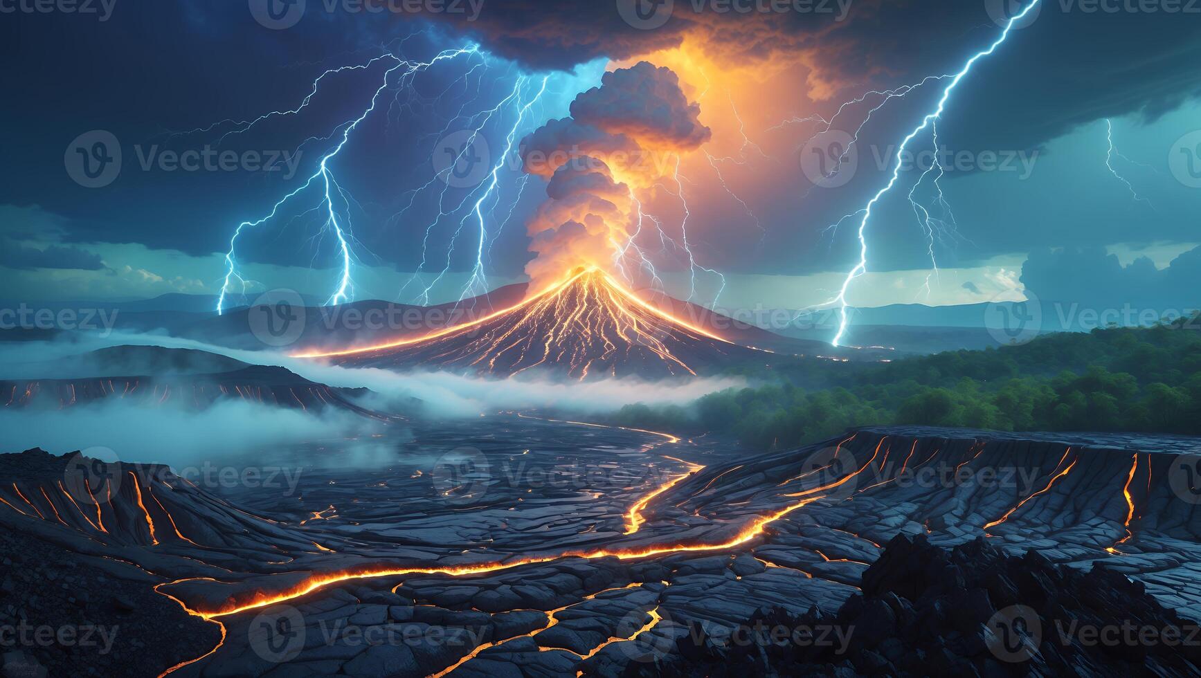 Volcano Eruption with Lightning and Lava photo