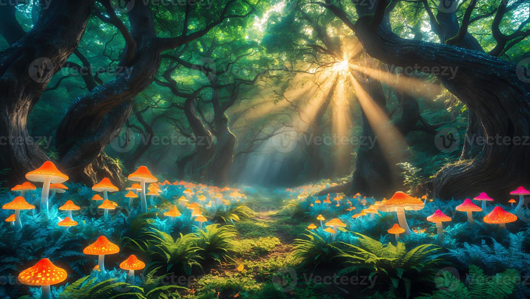 Mushroom in Forest with Sunlight and Ferns photo