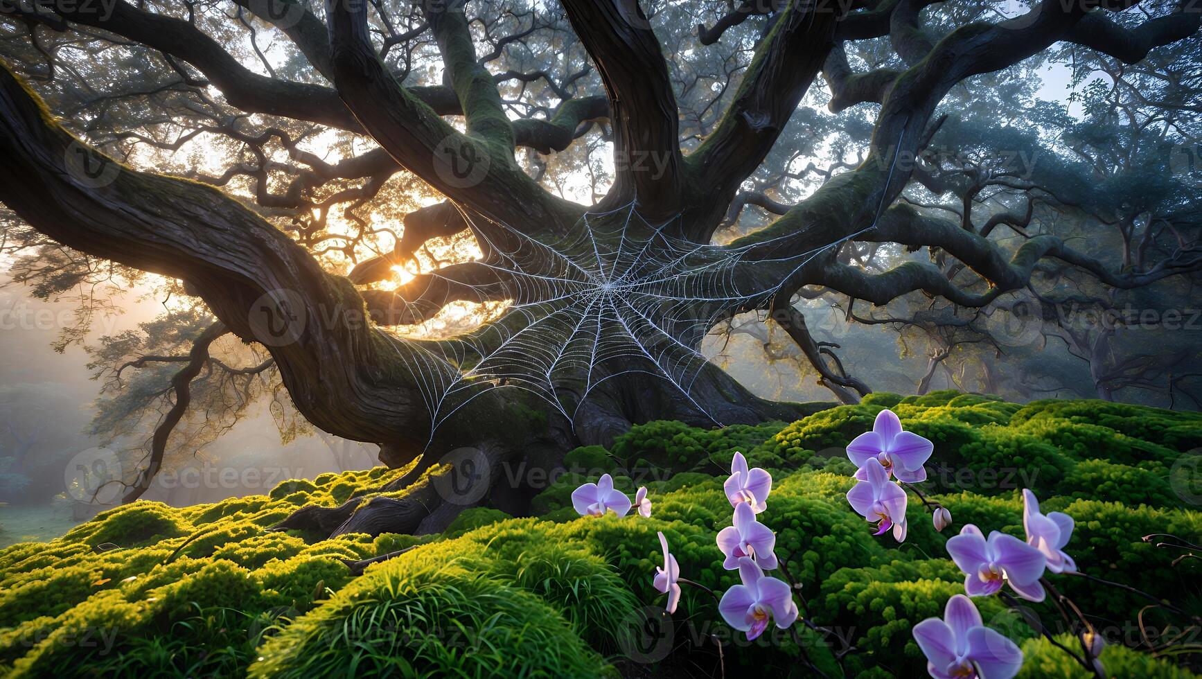 Old Tree with Spiderweb and Orchids in Dreamy Forest photo