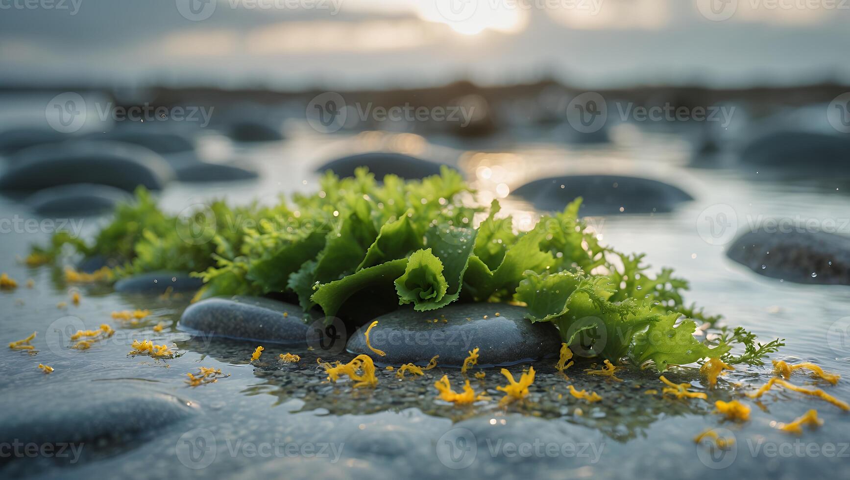 Green Seaweed on Rocks Near Sea with Yellow Plant photo
