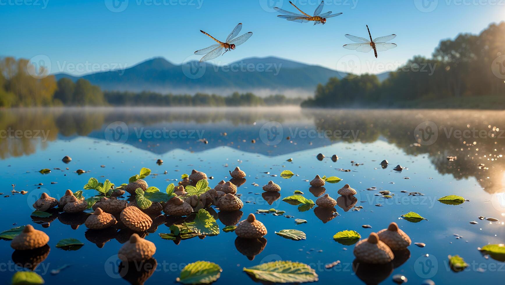 Dragonfly and Acorn on Lake with Mountains photo