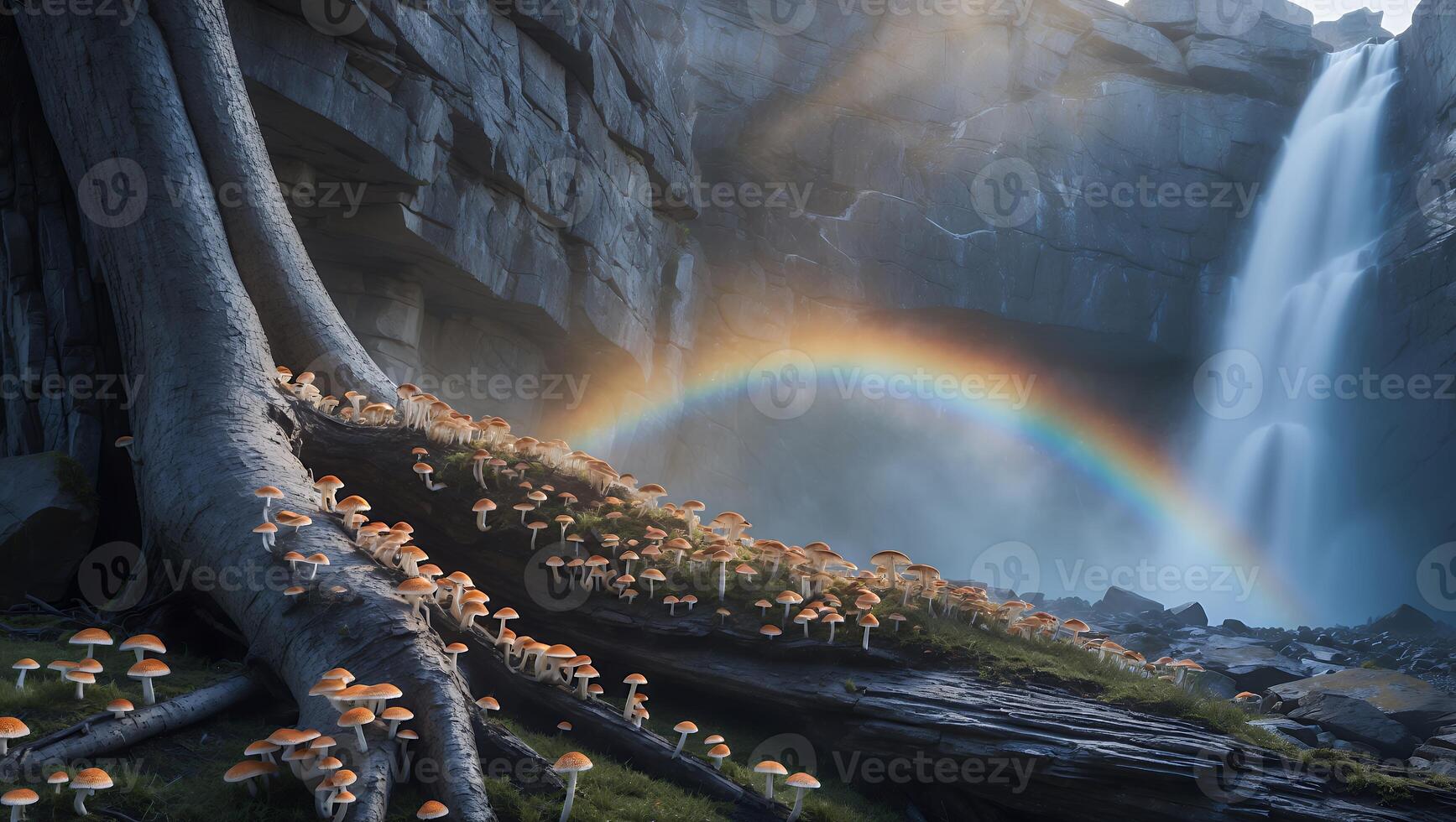 Mushrooms Near Waterfall with Rainbow photo