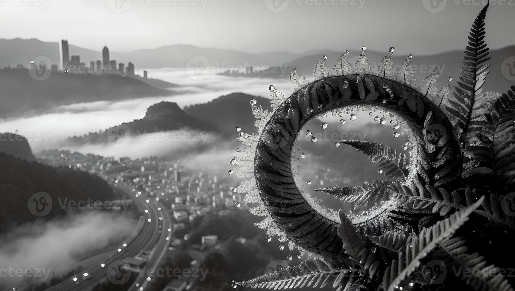 Fern with Dew and Misty Cityscape photo