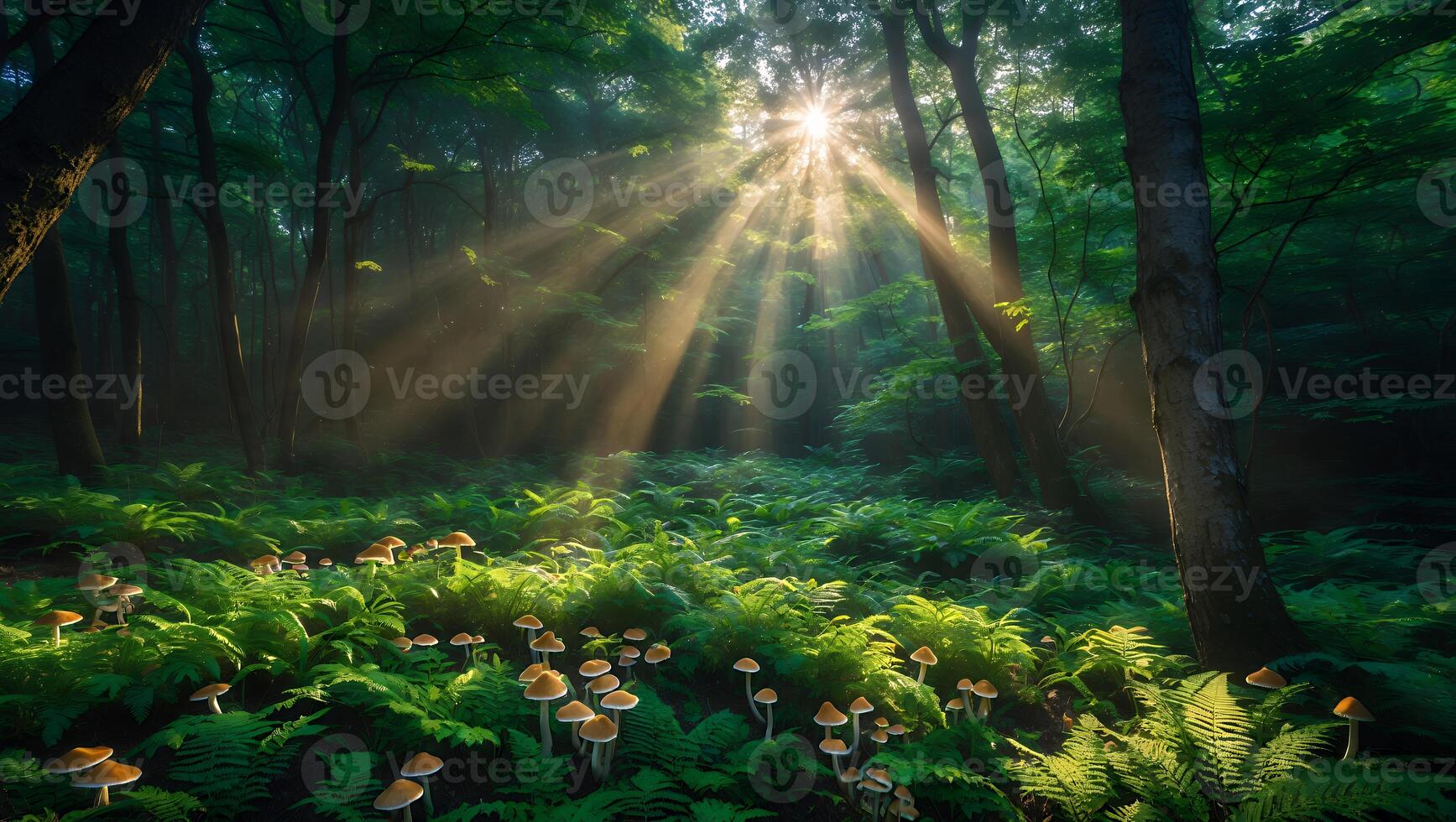 Forest with Mushrooms and Sun Rays photo