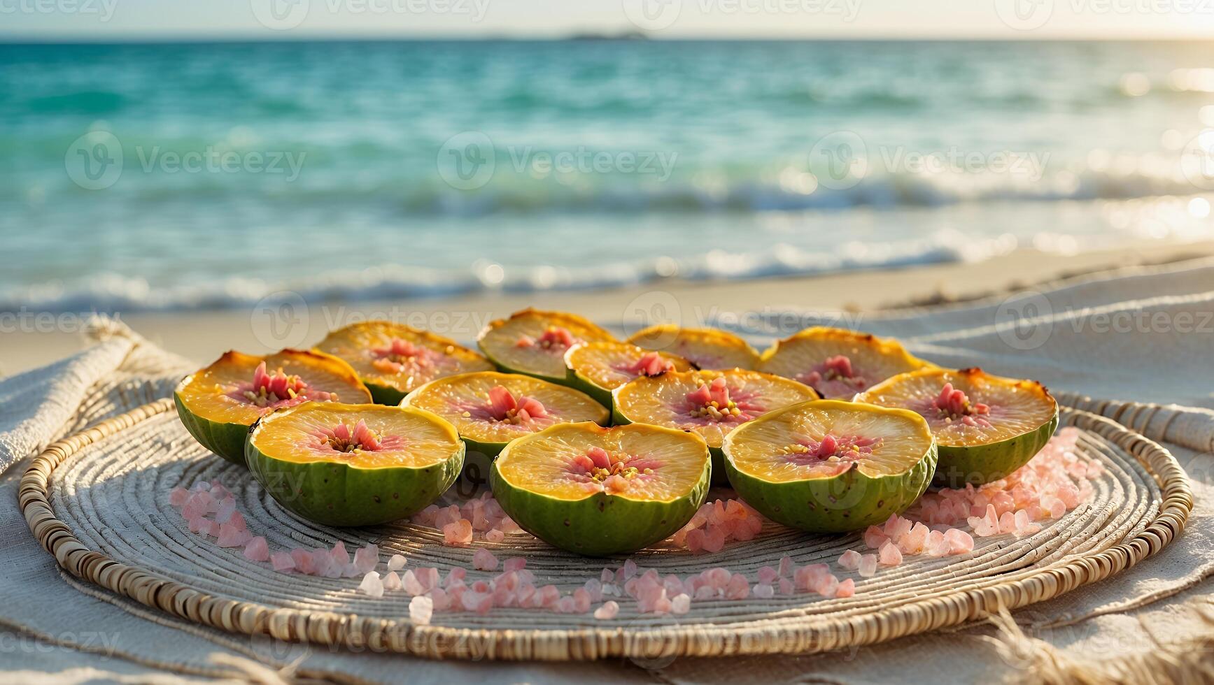 Cut Feijoa Fruit on Plate at Beach photo