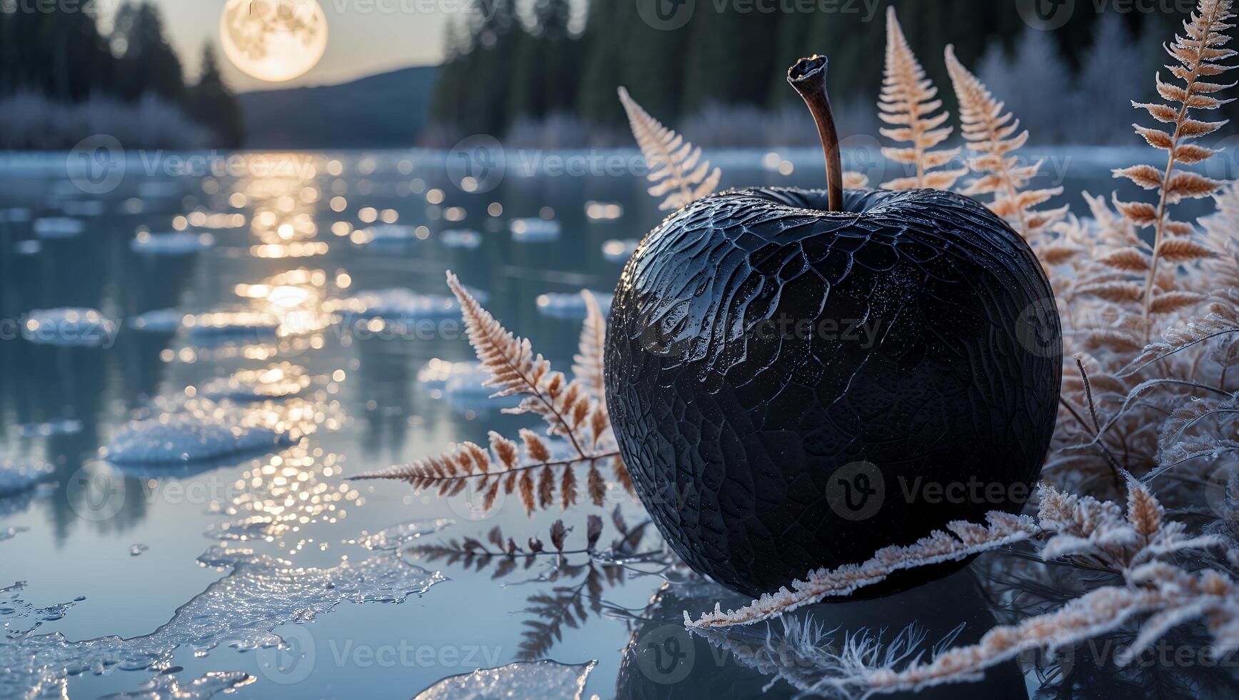 Black Apple on Frozen Lake with Fern and Moon Background photo
