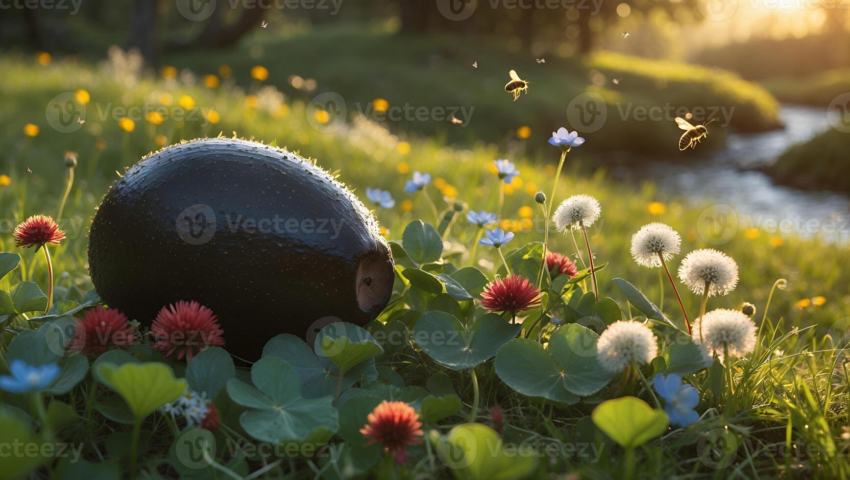 Avocado in Field with Flowers, Bees and Stream photo