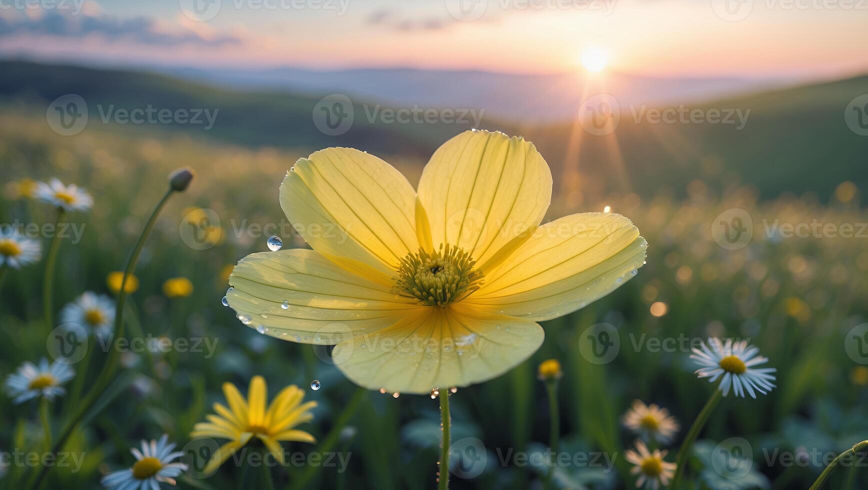 Yellow Flower in a Field at Sunset photo