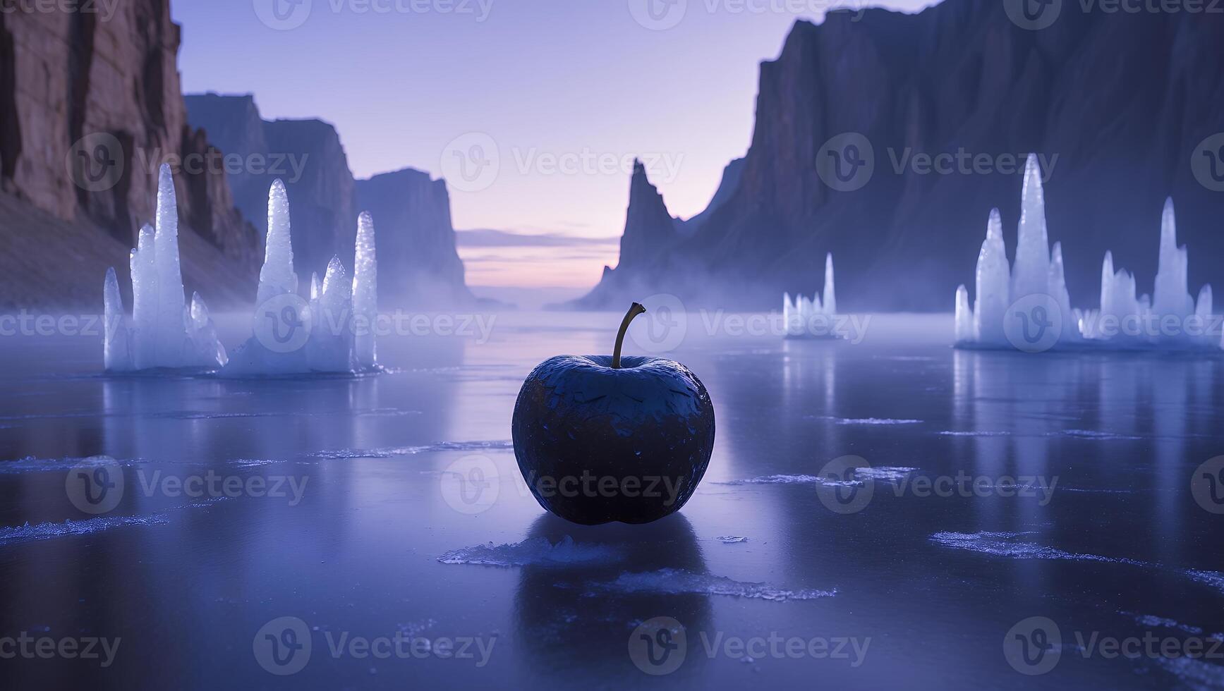 Apple on Frozen Lake with Ice Formations and Mountains photo