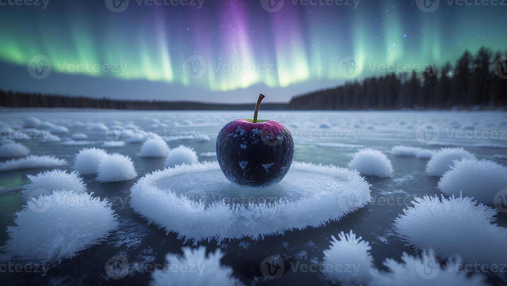 Apple on Ice Under Aurora Borealis Night Sky photo