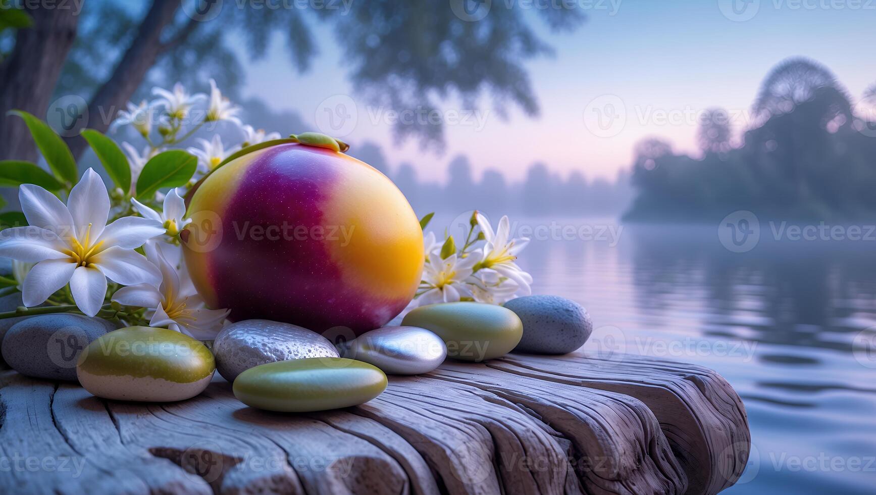 Still Life with Fruit Flowers and Rocks on Wooden Surface photo
