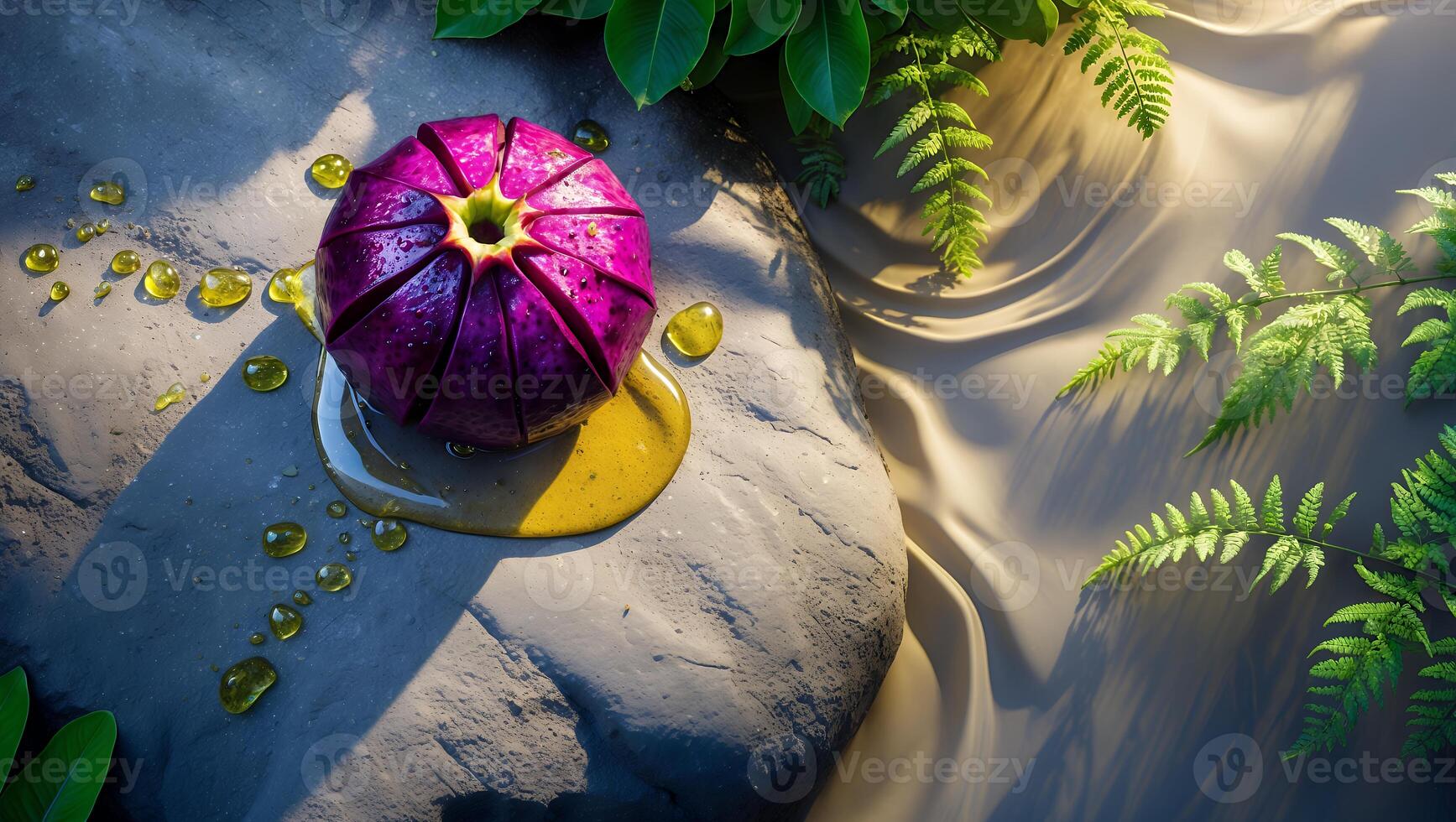 A purple egg sitting on a rock with a yellow liquid photo