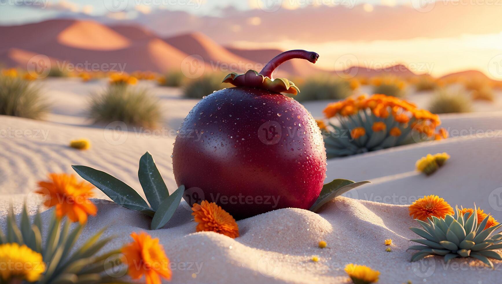 Mangosteen in Desert Landscape with Flowers at Sunset photo