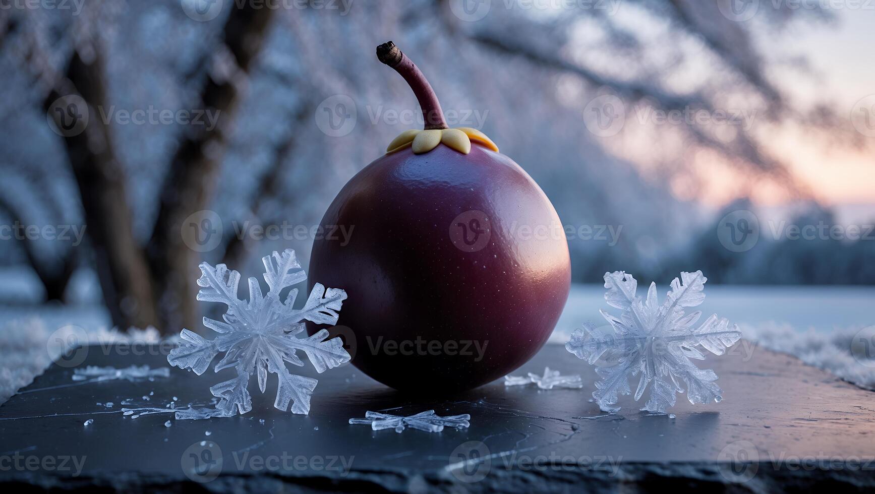 Purple Ball with Snowflakes on Stone in Winter Landscape photo