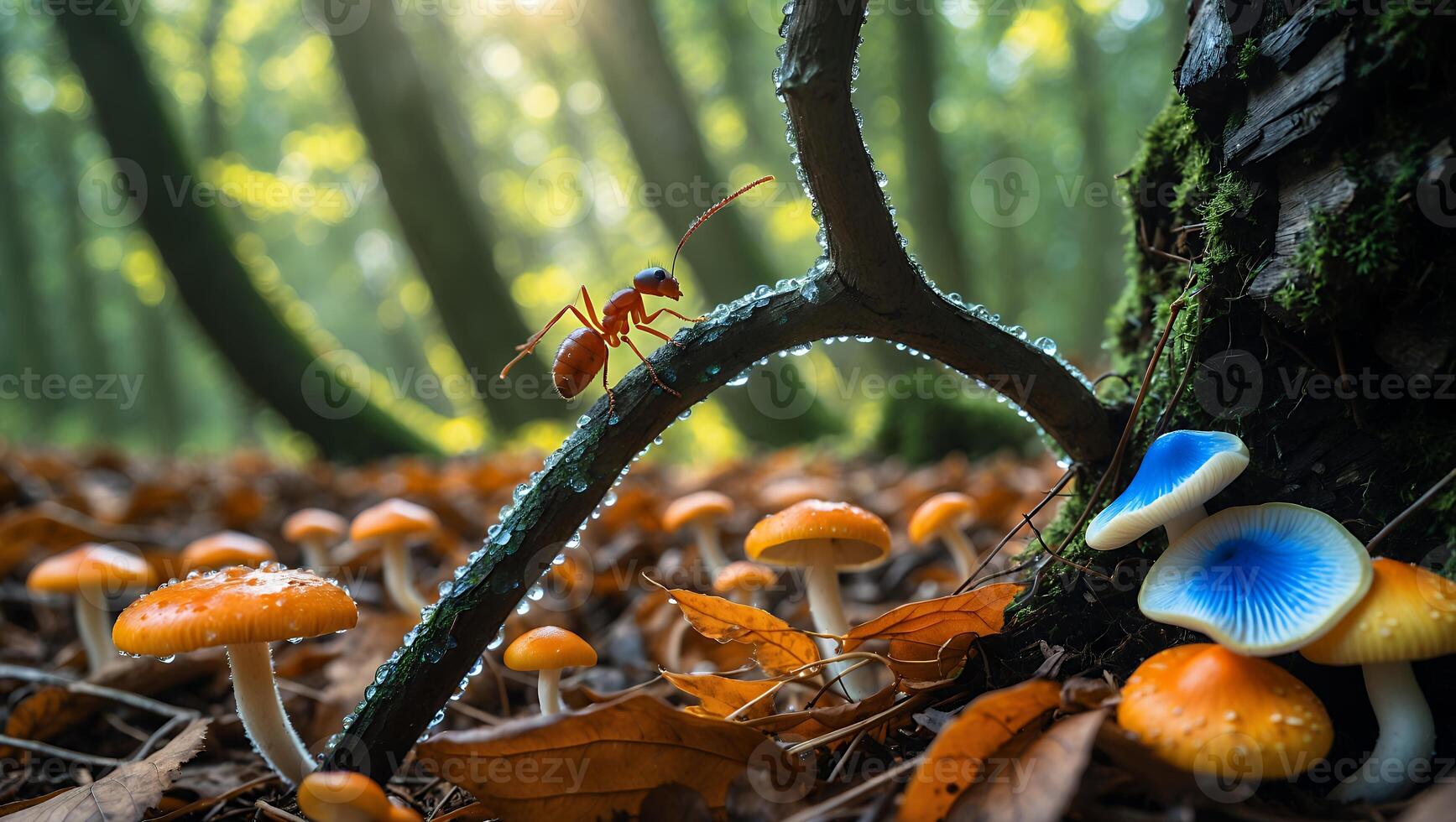 Ant on Branch with Mushrooms in Forest photo