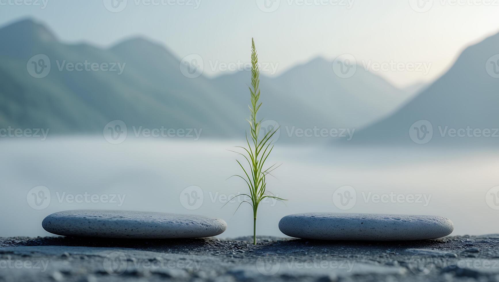 Still Life with Stone and Sprout Over Mountain Landscape photo