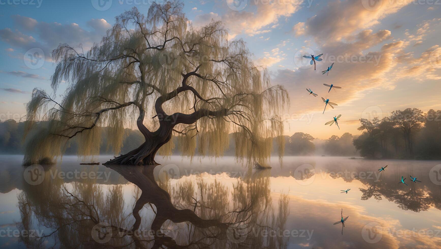 Willow Tree with Dragonflies Over Foggy Lake at Sunrise photo