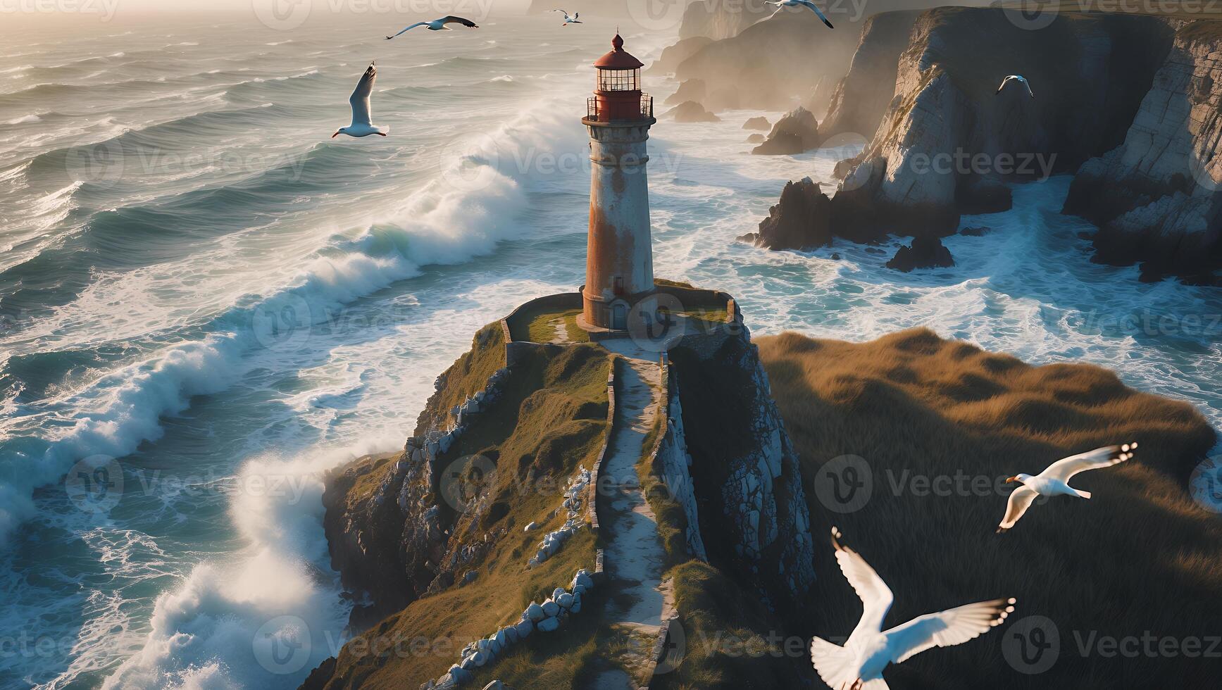 Lighthouse on Cliff with Ocean Waves and Seagulls photo