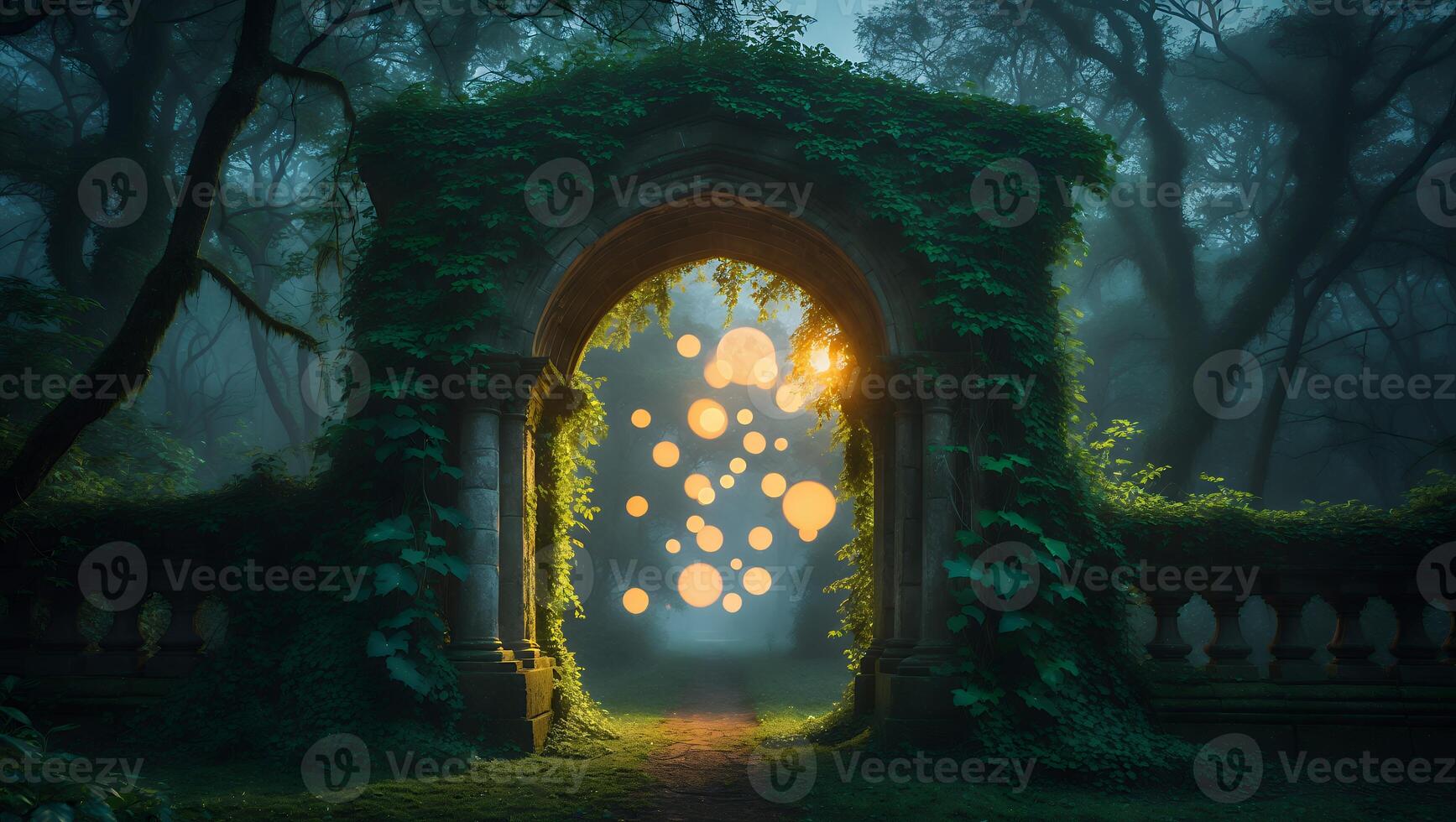 Ivy Covered Stone Archway with Glowing Orbs in Misty Forest photo