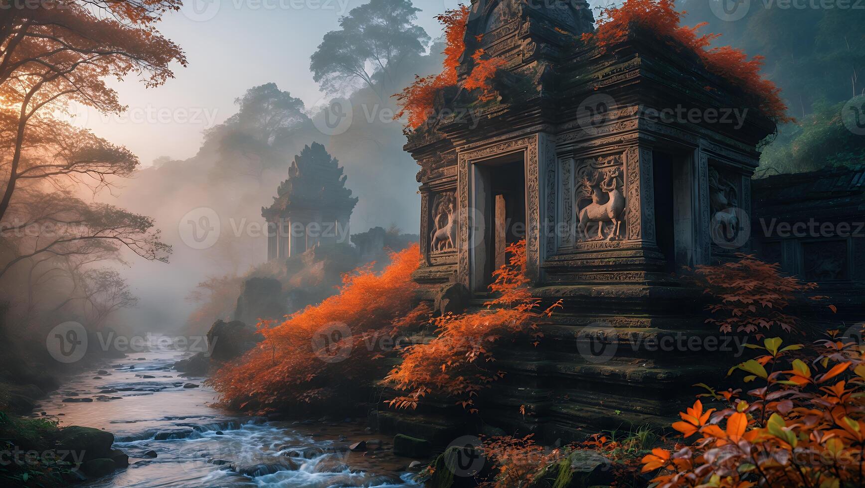 Ancient Temple with River in Misty Forest photo