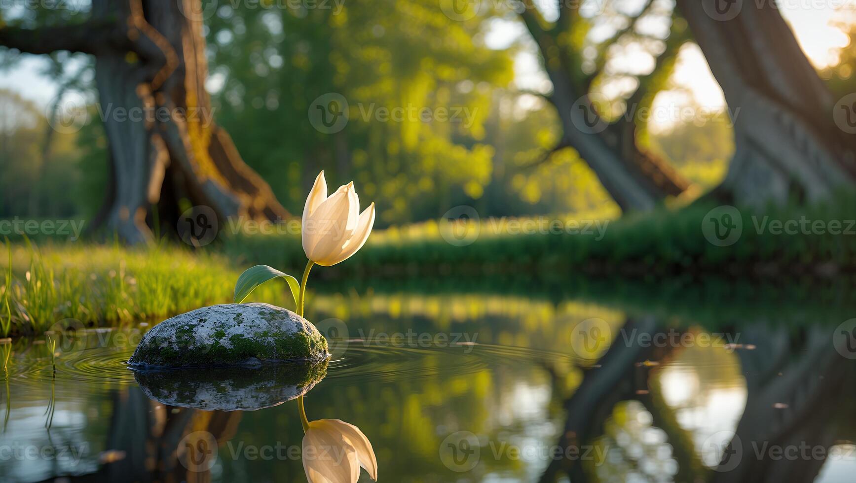White Flower Growing From Rock in Water Reflection photo