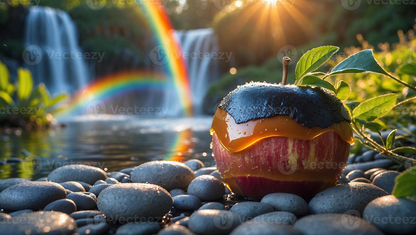 Caramel Apple on Rocks Near Waterfall and Rainbow photo
