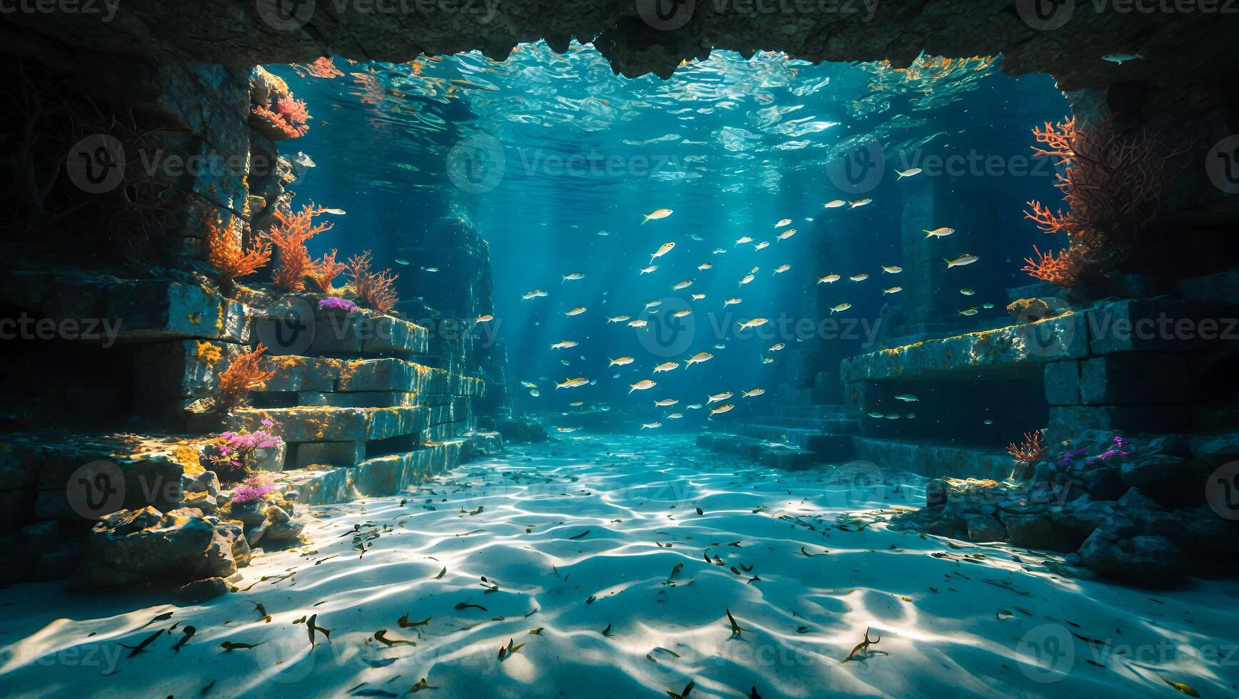 Underwater City Ruins with Fish Swimming in Blue Ocean photo
