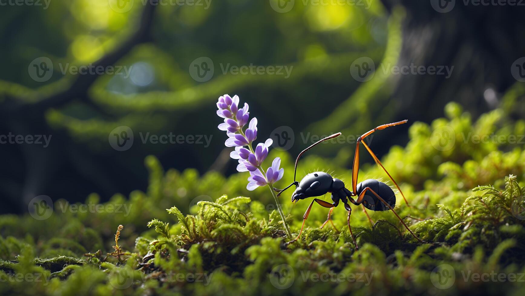 Ant with Lavender Flower on Mossy Ground photo