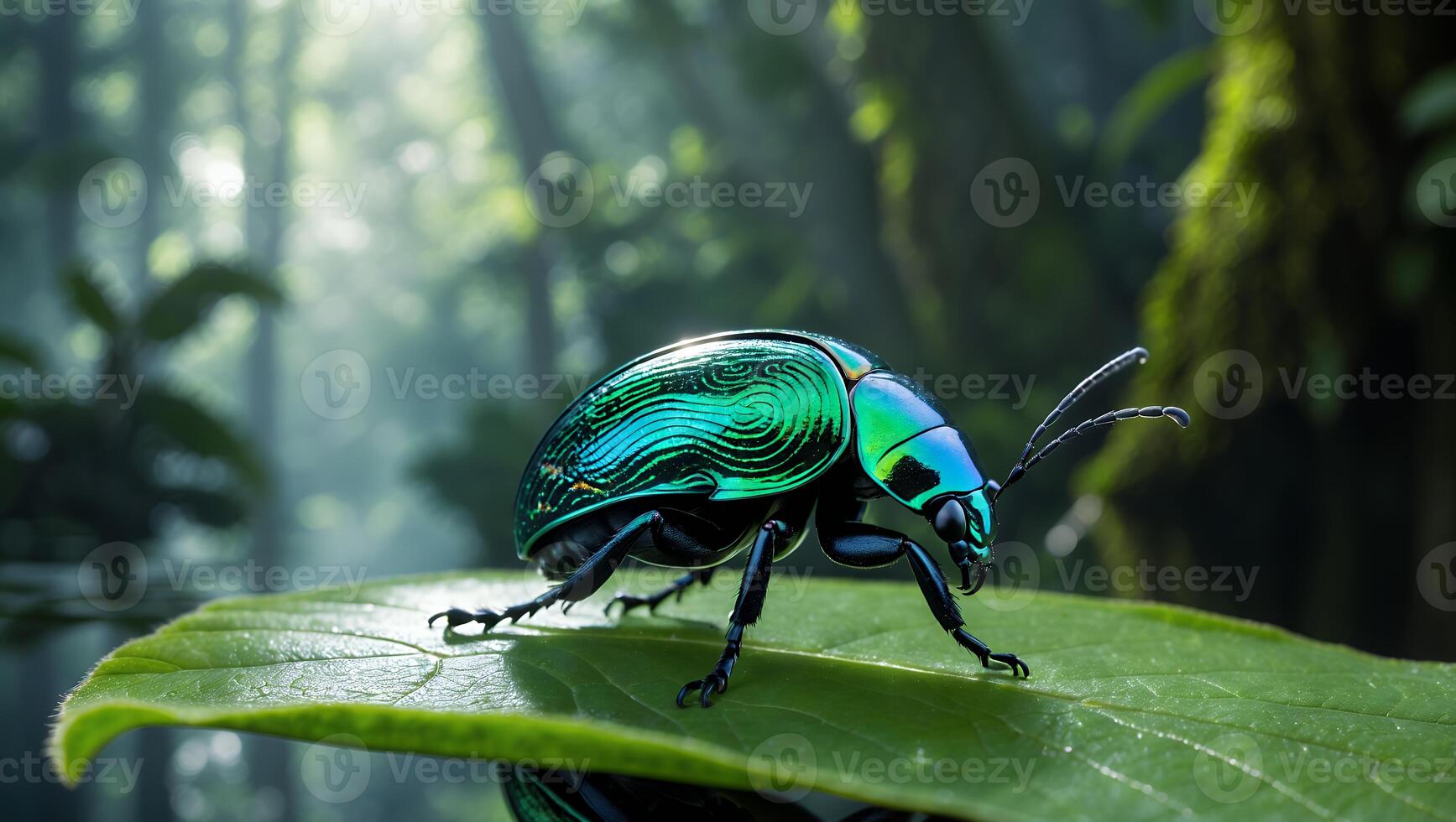 Shiny Jewel Beetle on Green Leaf in Forest photo