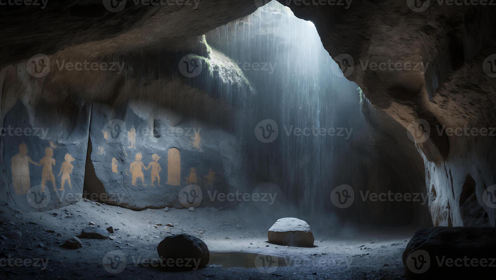 Cave Wall Drawings with Waterfall Sunlight and Rocks photo