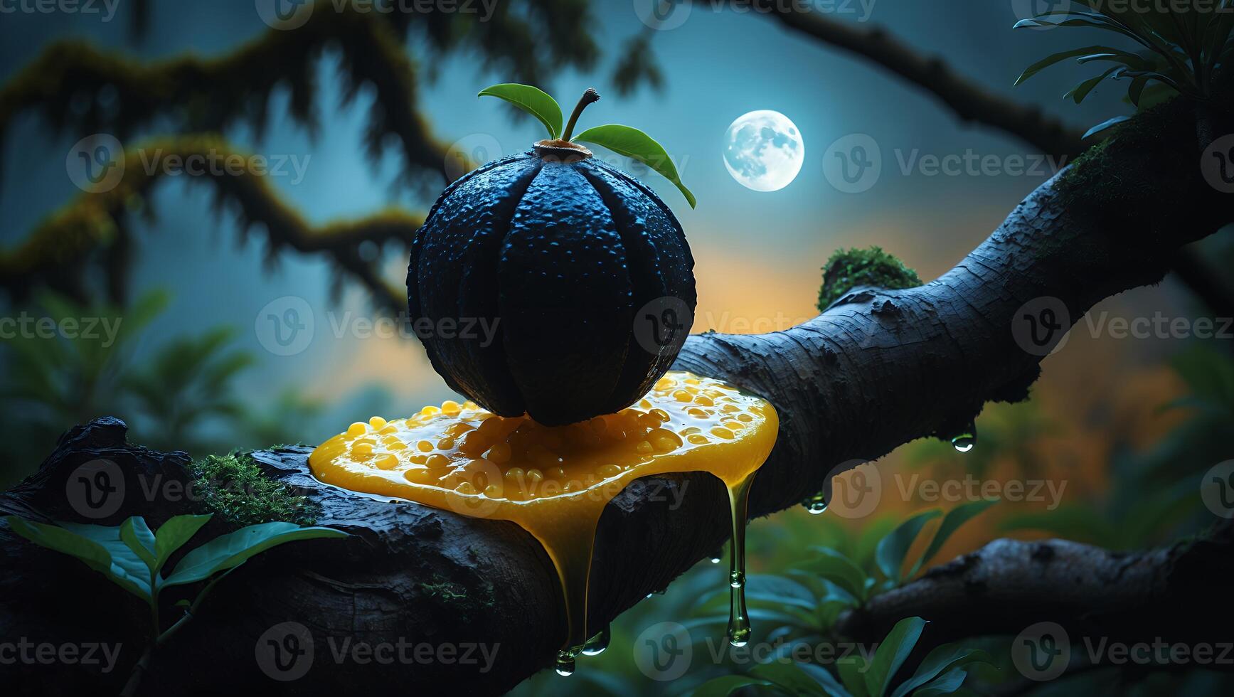 Fruit with Yellow Liquid on Branch Under Moonlight photo